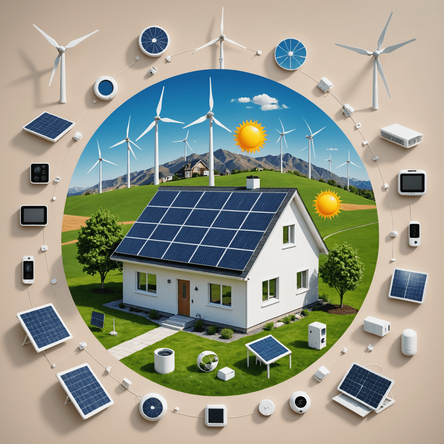 A collage of energy-efficient technologies including solar panels, wind turbines, and smart home devices, symbolizing the focus of EcoPulse on cost-reducing energy solutions