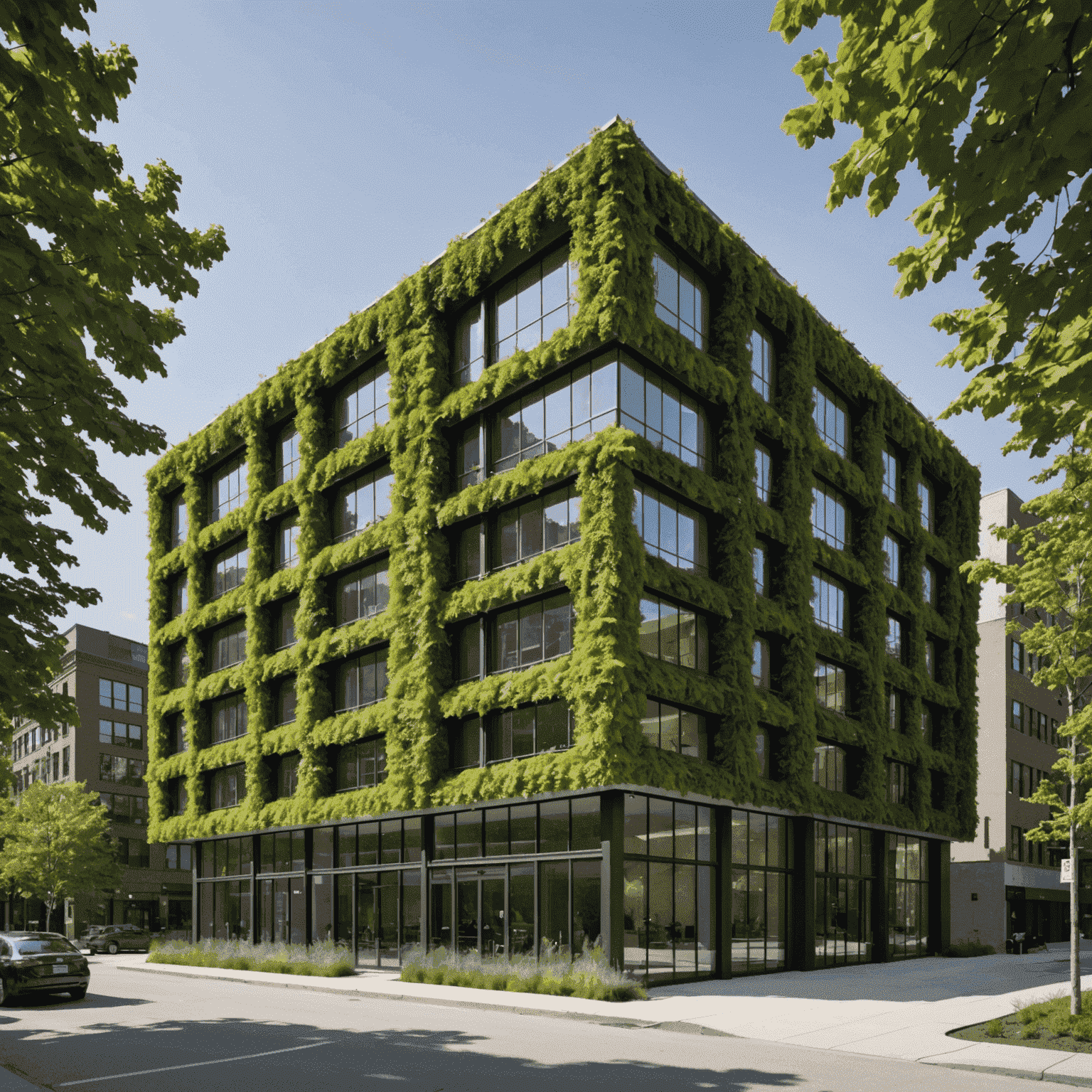 EcoPulse office building in Toronto, a modern structure with green energy-efficient features such as solar panels and living walls. The building showcases the company's commitment to sustainable technologies.