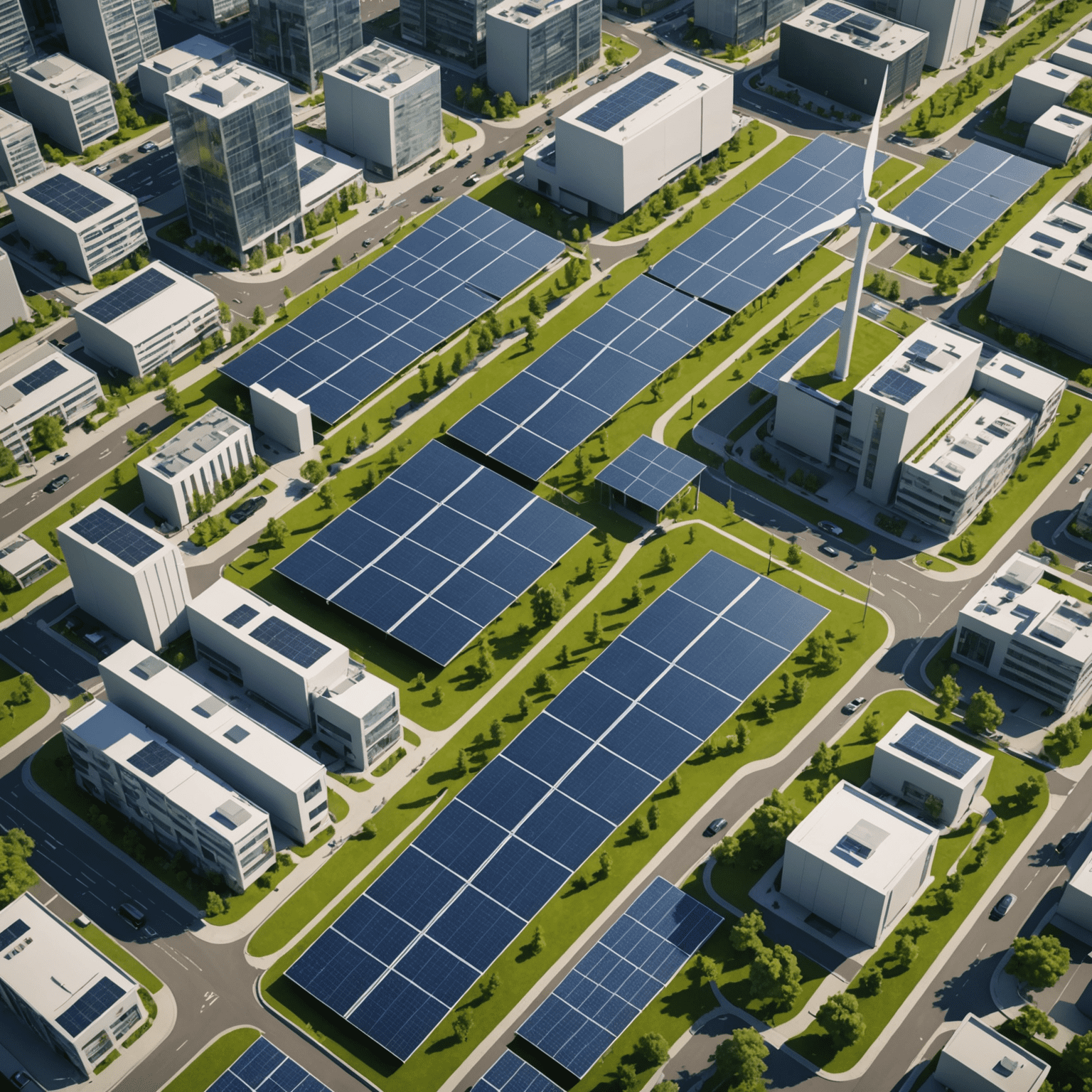 Illustration of a modern cityscape with green energy elements such as solar panels, wind turbines, and electric vehicles, showcasing the integration of energy-efficient technologies in urban environments