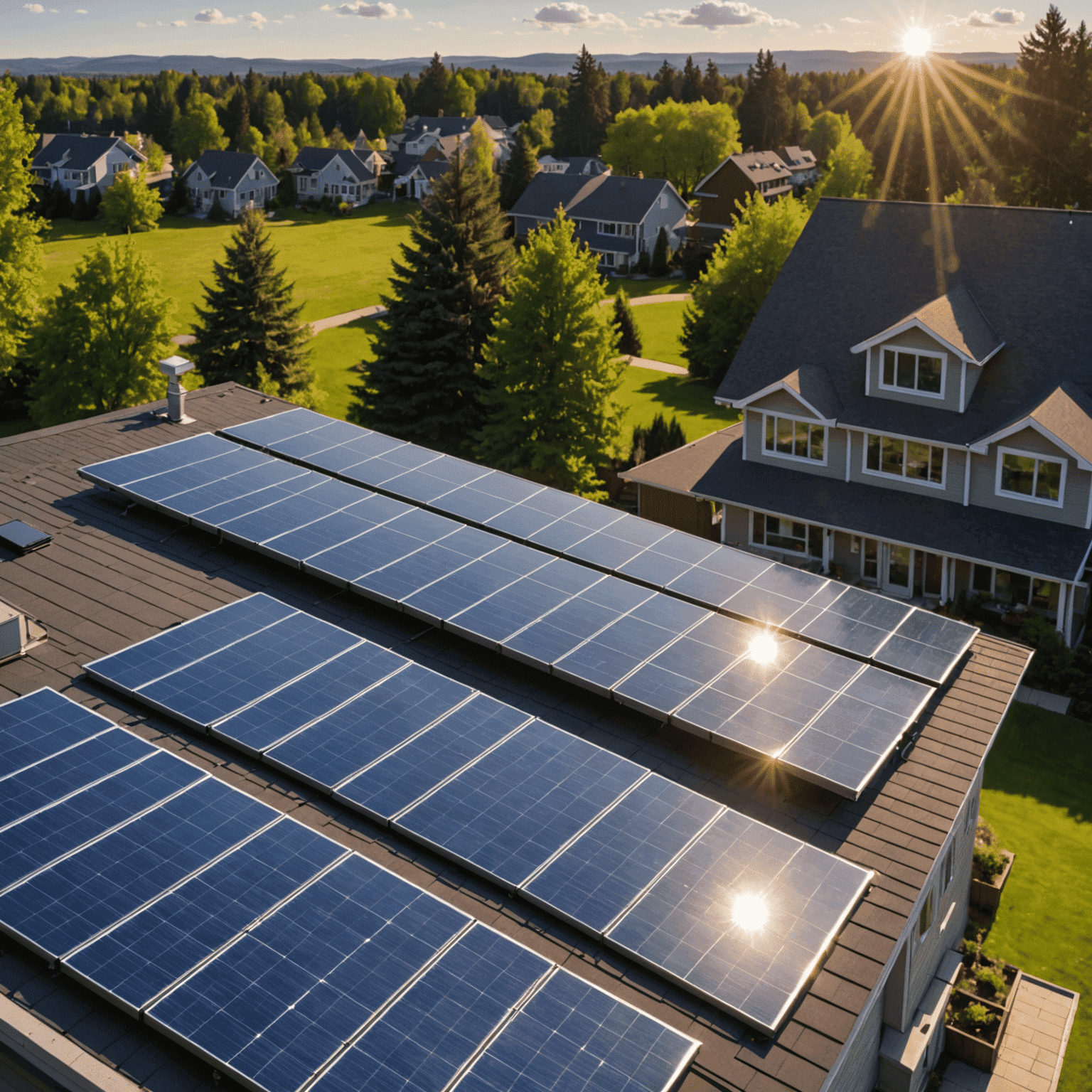 Solar panels on a Canadian home roof, with sunlight reflecting off their surface, showcasing innovative design and efficiency