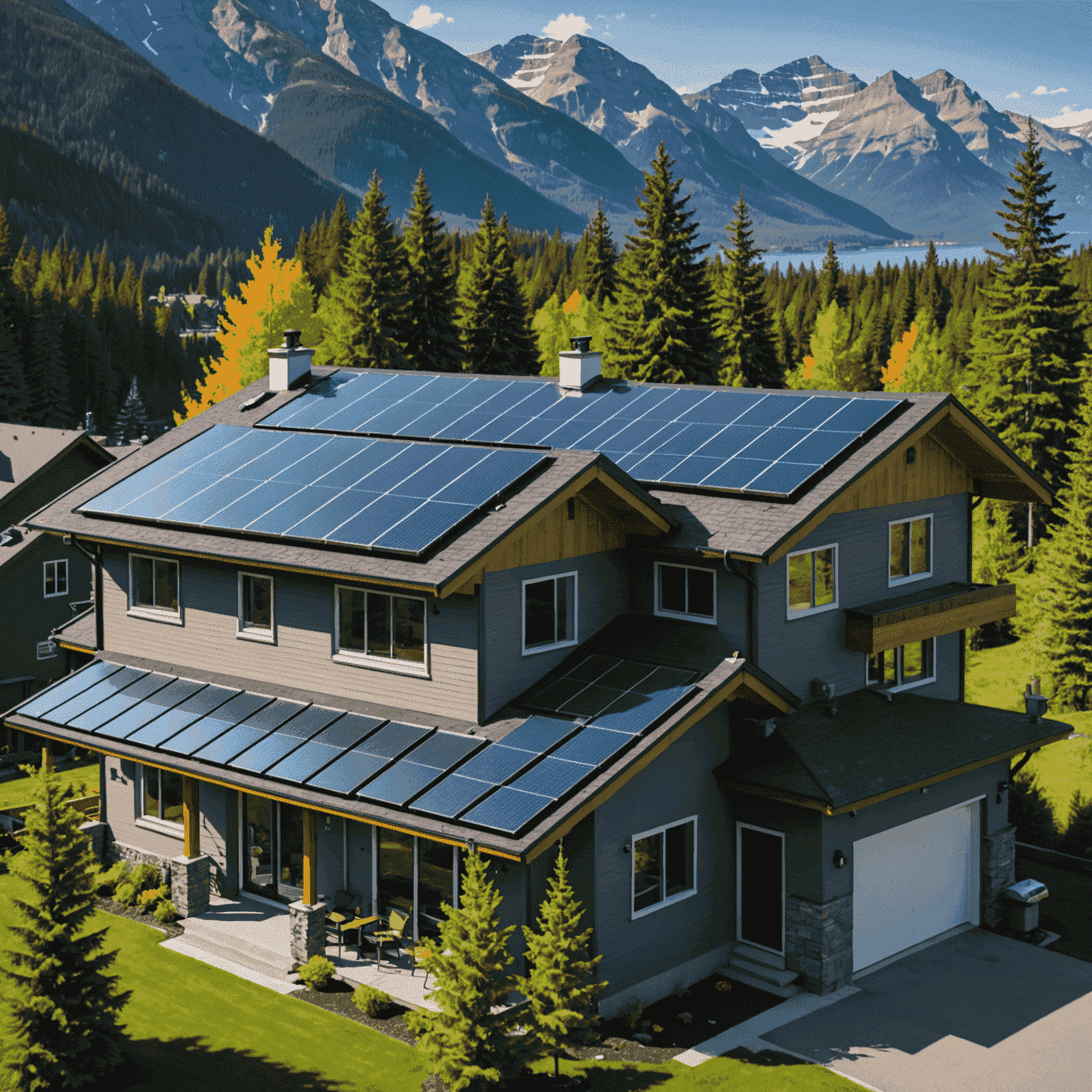 Modern solar panels installed on a Canadian home roof, with a beautiful landscape of mountains and forests in the background. The panels are sleek and integrated seamlessly with the roof design.