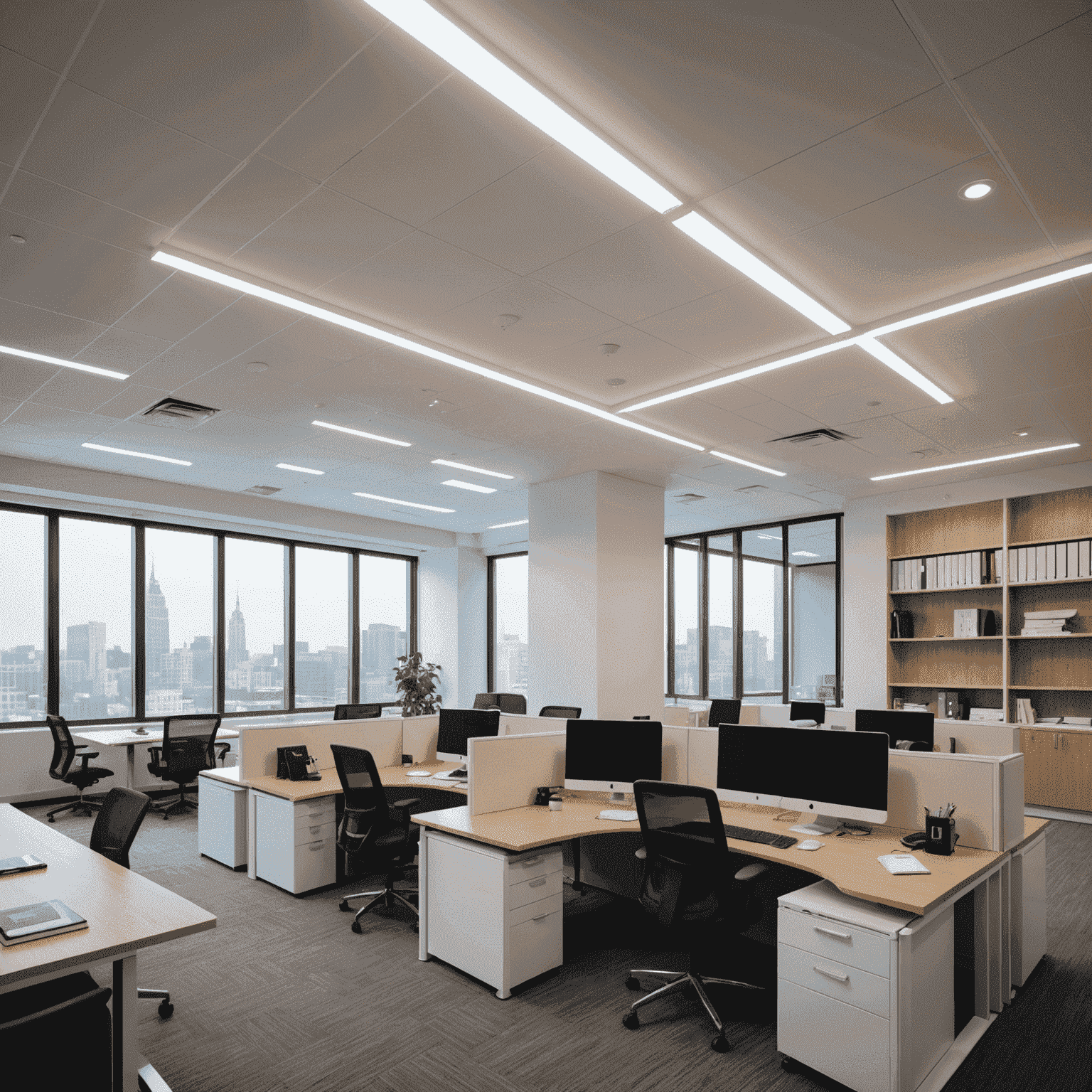 A modern office space illuminated with bright, energy-efficient LED lighting, showcasing the contrast between traditional and LED bulbs