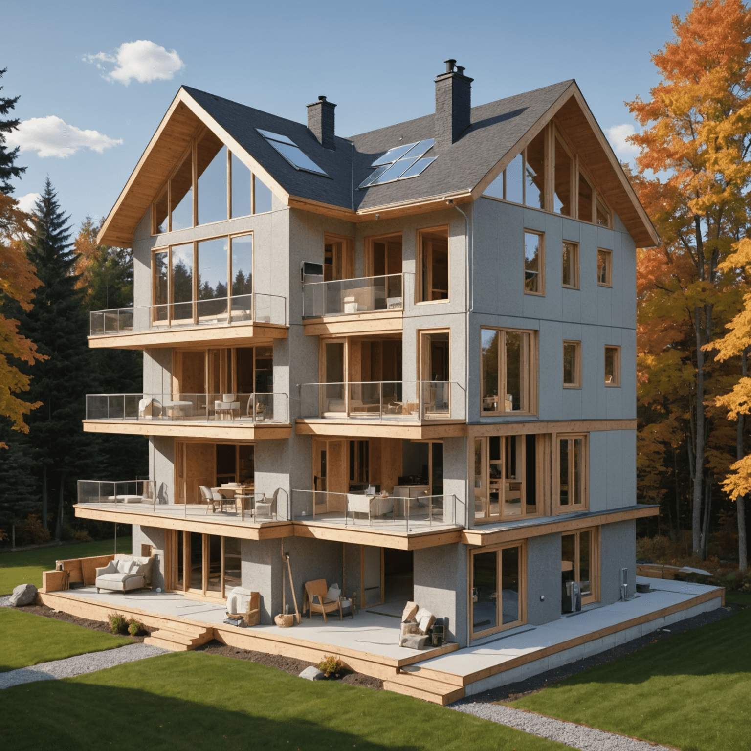 A modern Canadian home with visible insulation layers, showcasing energy efficiency through a cutaway view. The image highlights various insulation materials and techniques, including spray foam, cellulose, and reflective barriers.