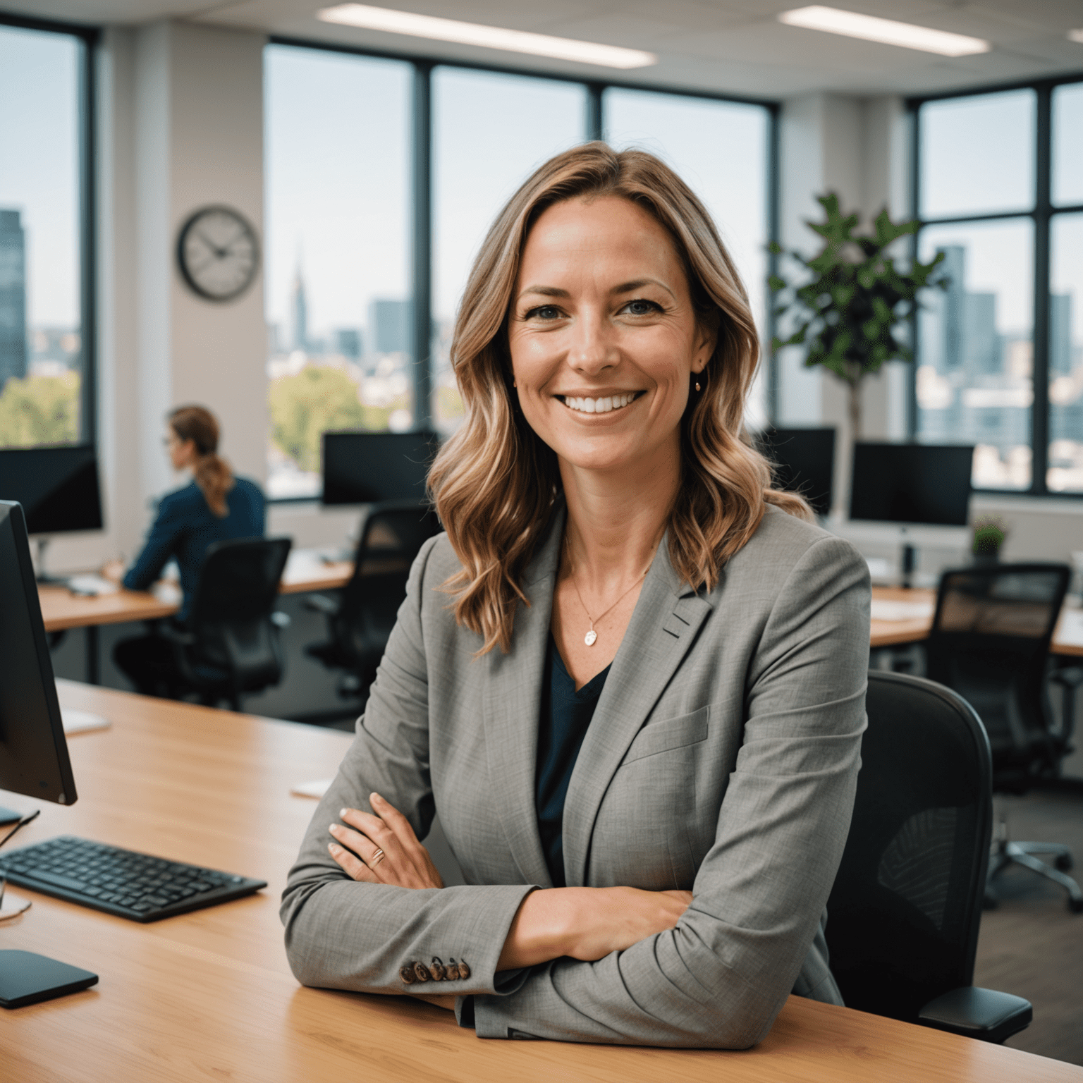 Sarah Thompson, Editor-in-Chief of EcoPulse, smiling confidently in a professional setting with energy-efficient office in the background