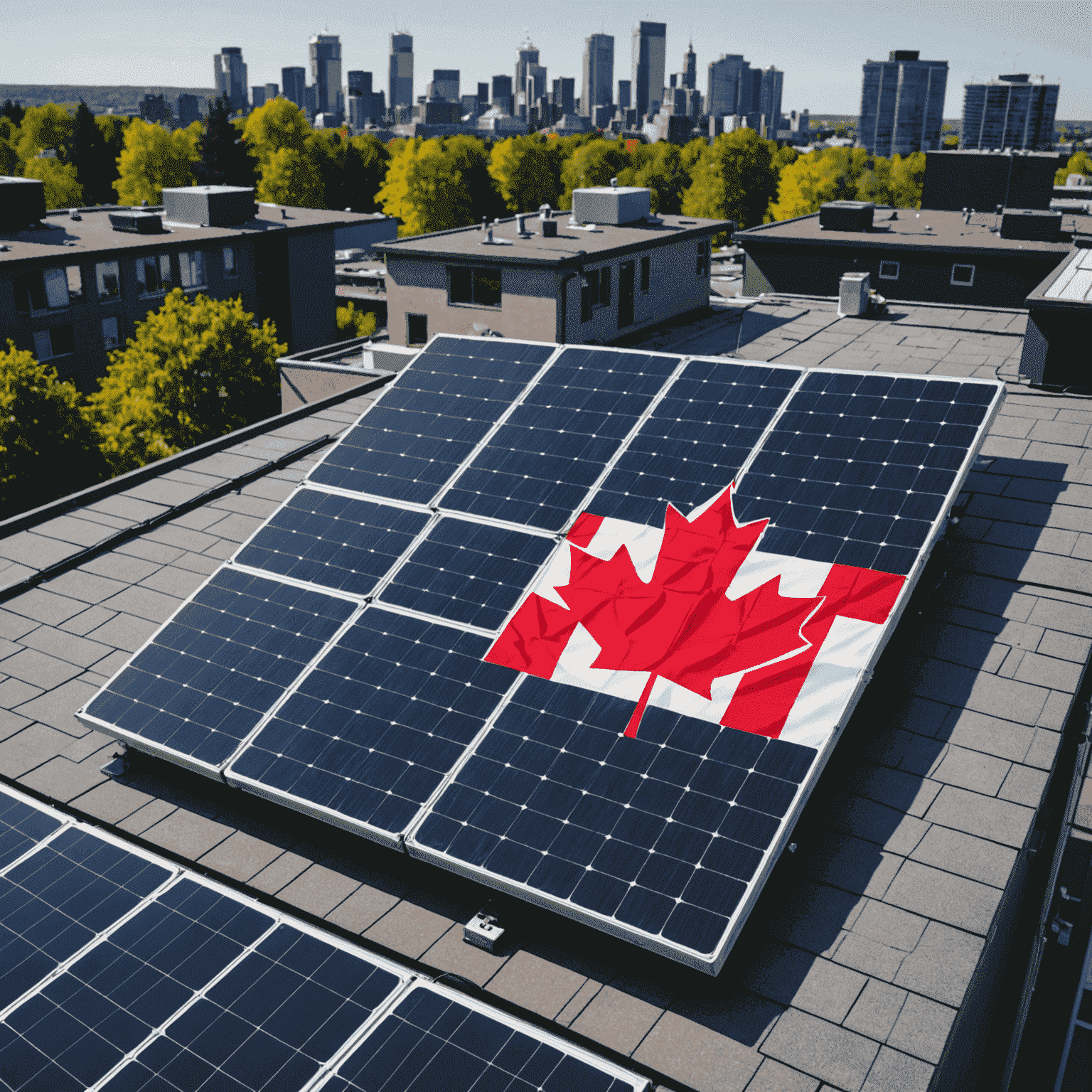 Close-up of modern solar panels on a rooftop with a Canadian flag in the background, showcasing innovative design and efficiency