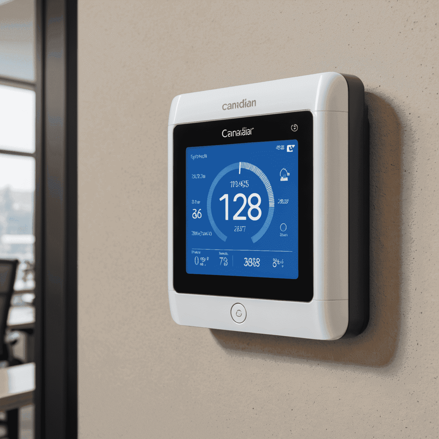 A modern smart thermostat installed in a Canadian office, displaying energy usage data and temperature controls