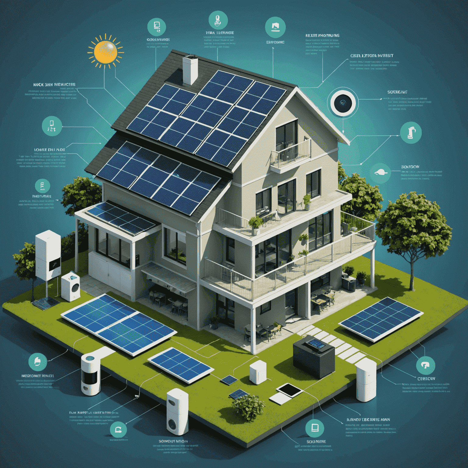 Infographic showing a smart home system with solar panels connected to various appliances and a central control unit. The image uses a color scheme of greens and blues to represent energy flow and efficiency.