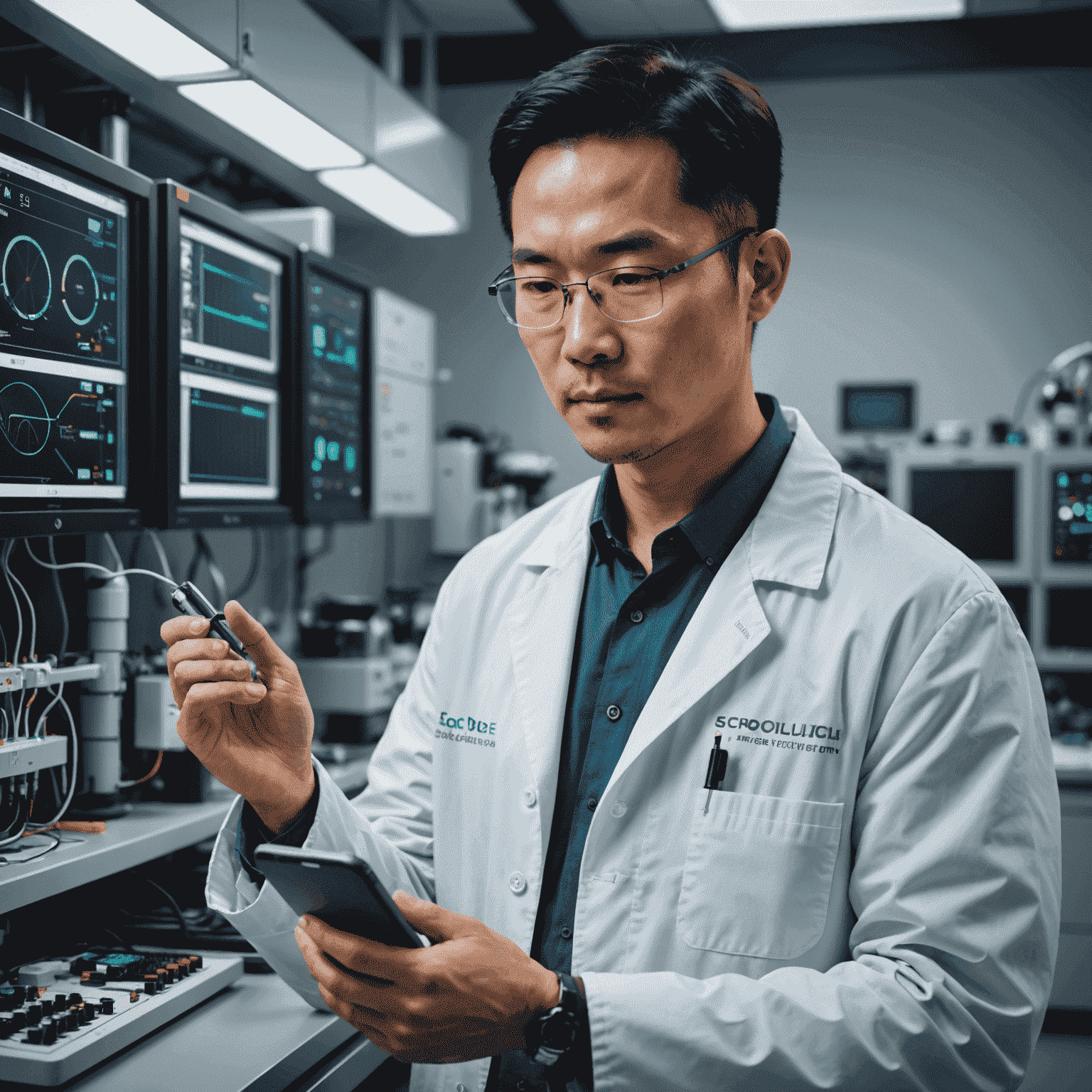 Dr. Michael Chen, Lead Researcher at EcoPulse, in a lab coat examining an energy-efficient device