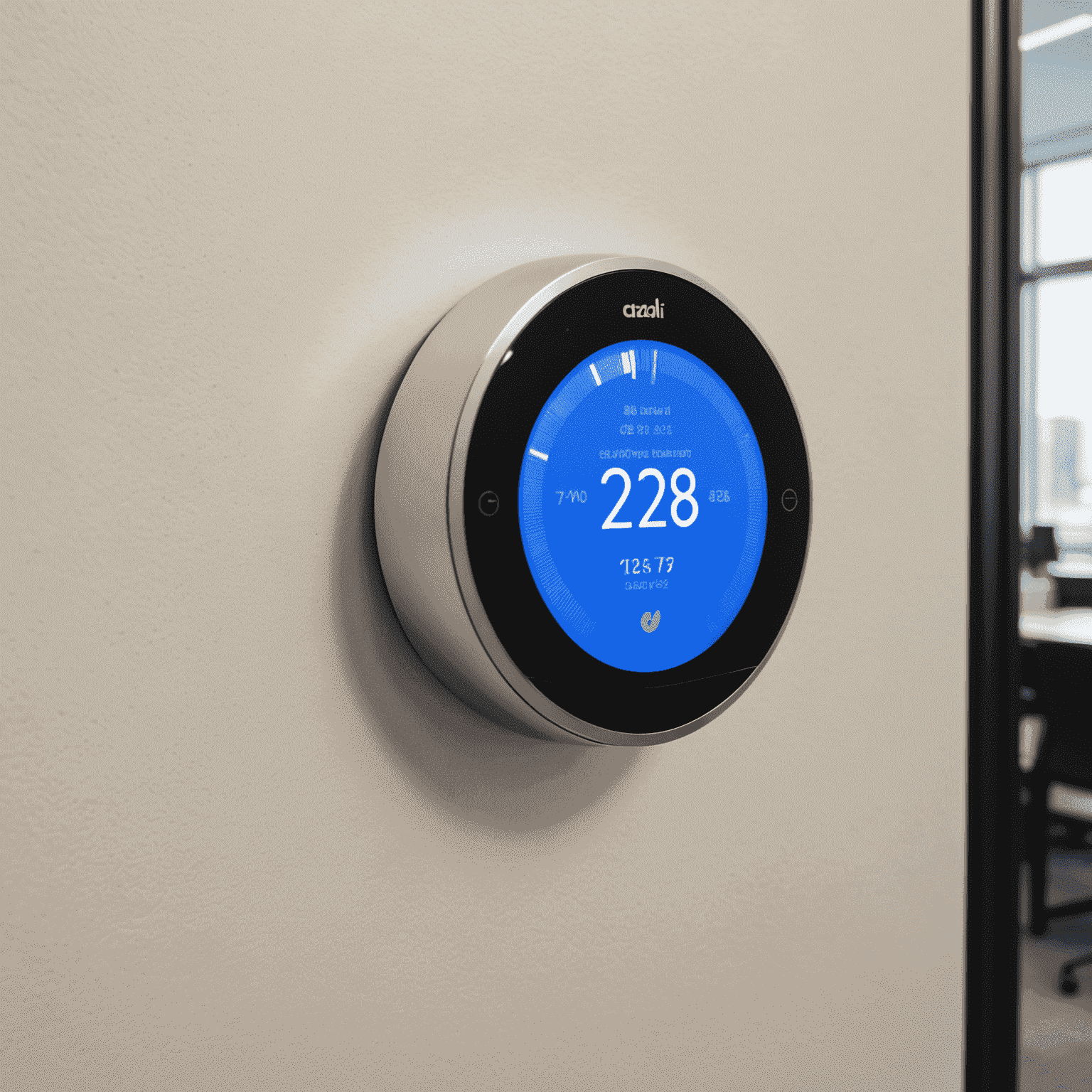 A sleek smart thermostat mounted on a wall in a modern Canadian office, displaying energy usage statistics and temperature controls