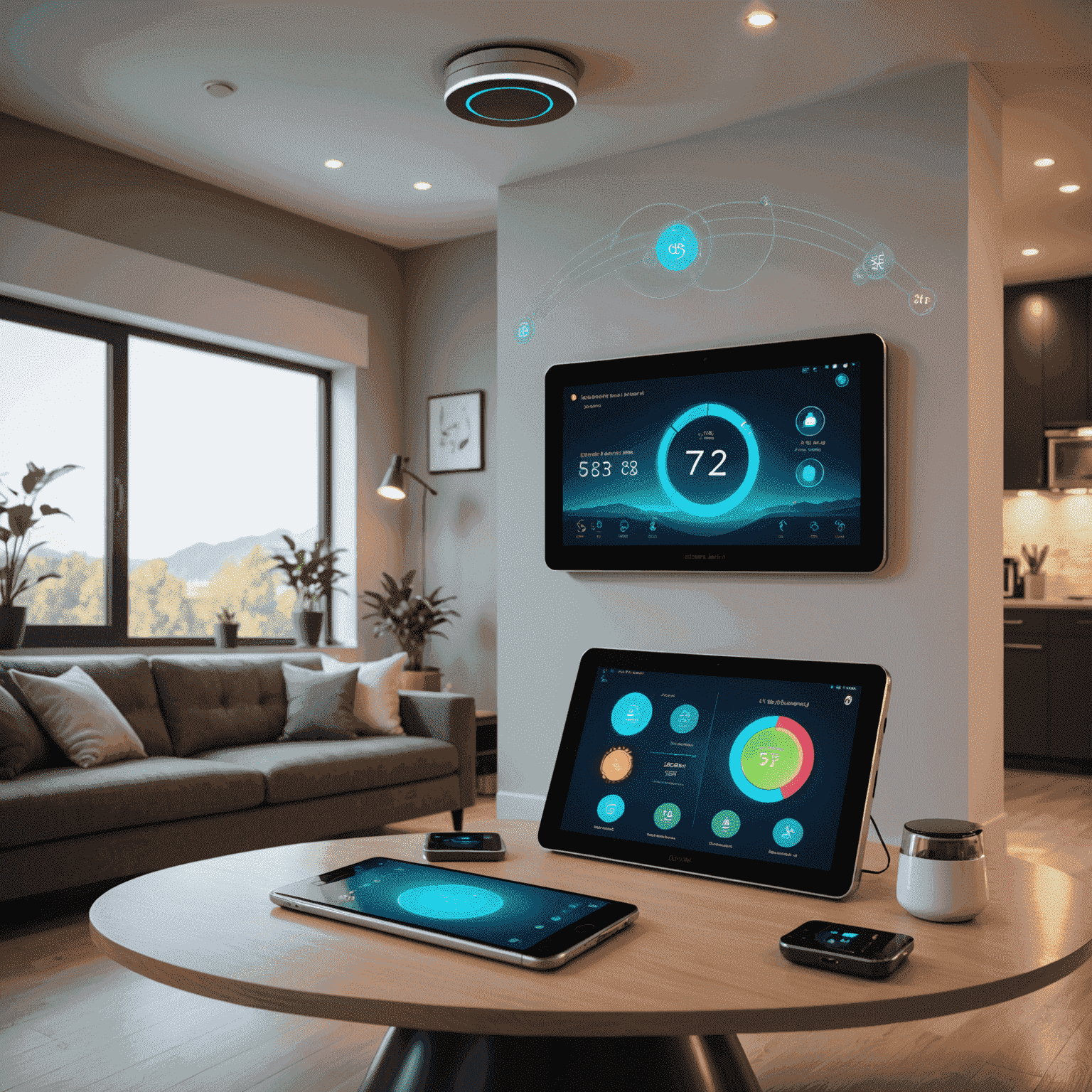 A futuristic smart home interface showing multiple connected devices, including a smart thermostat, with holographic projections of energy usage statistics and AI-powered suggestions for optimal energy management.