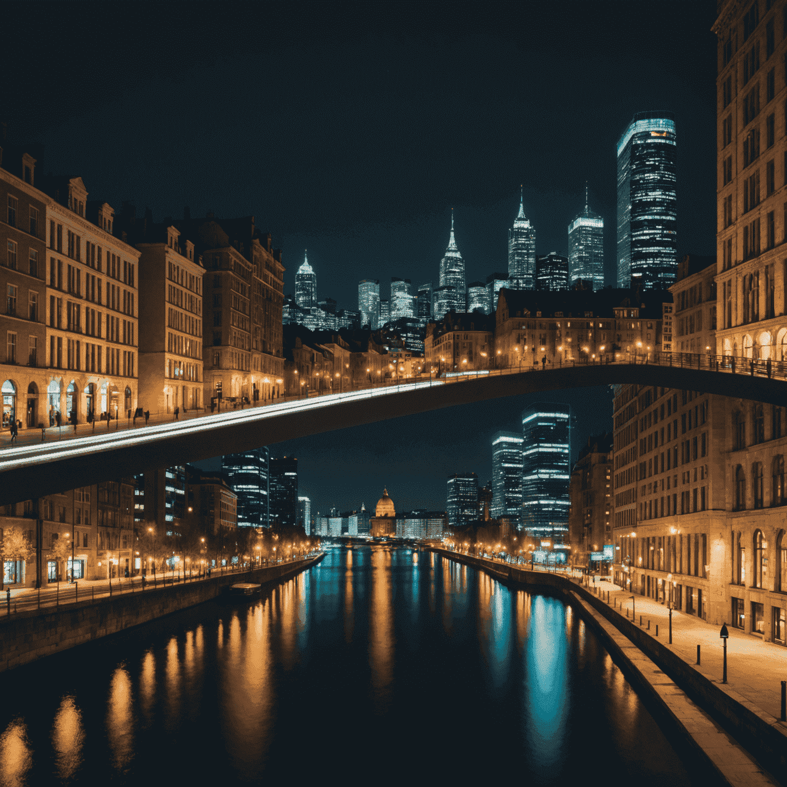 A split image showing a cityscape at night: one half dimly lit with traditional lighting, the other brightly and efficiently illuminated with LED technology