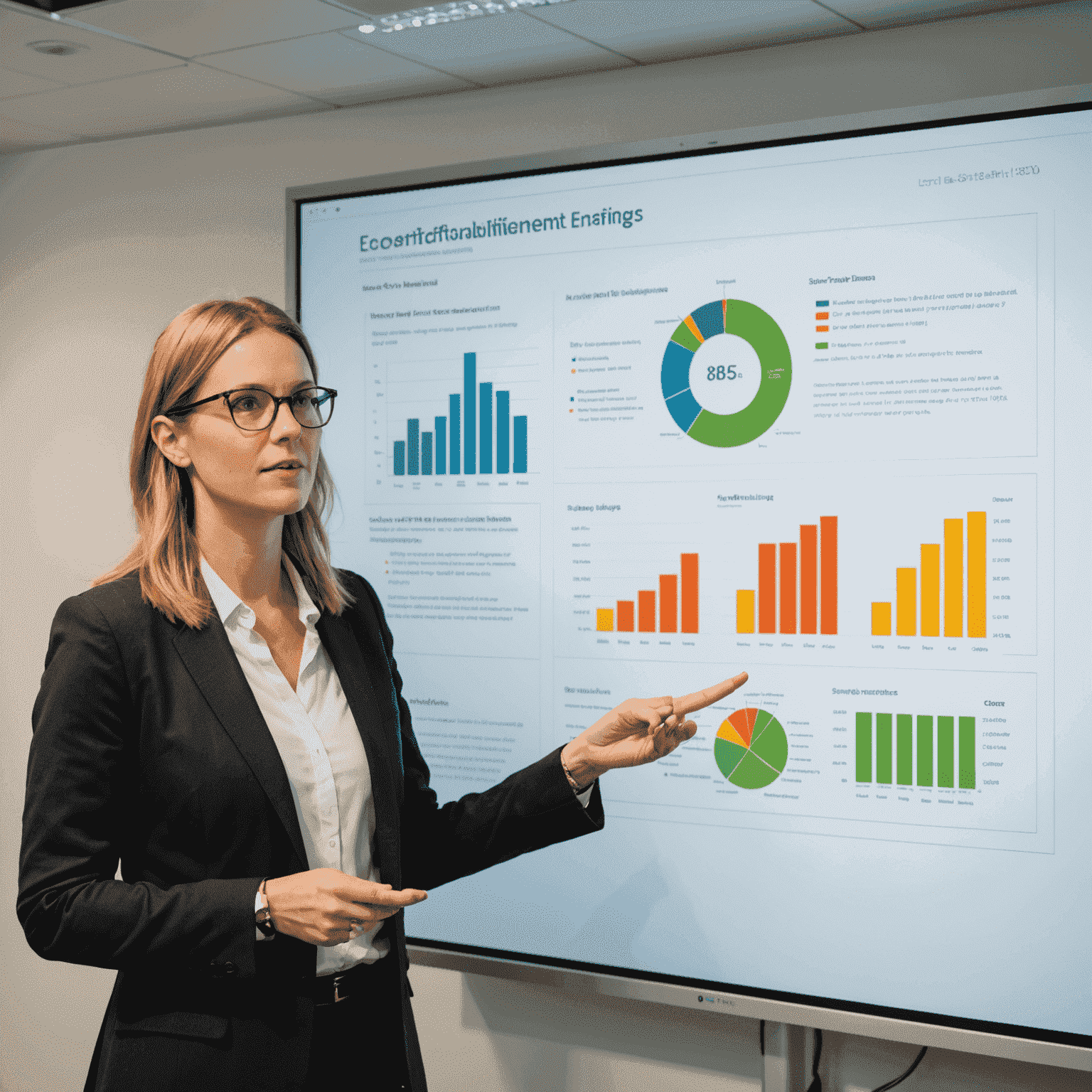 Emma Larsson, Sustainability Analyst at EcoPulse, presenting a chart showing cost savings from energy-efficient technologies