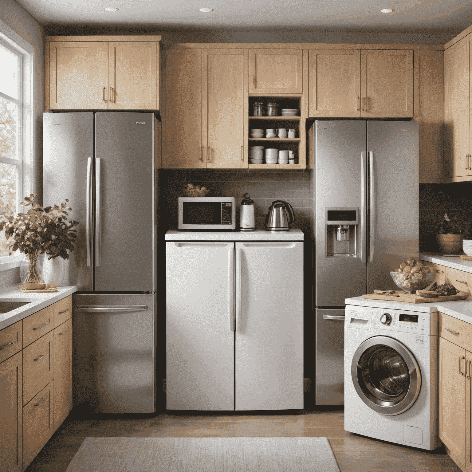 A collection of energy-efficient appliances with Canadian energy rating labels, including refrigerators, washing machines, and dishwashers