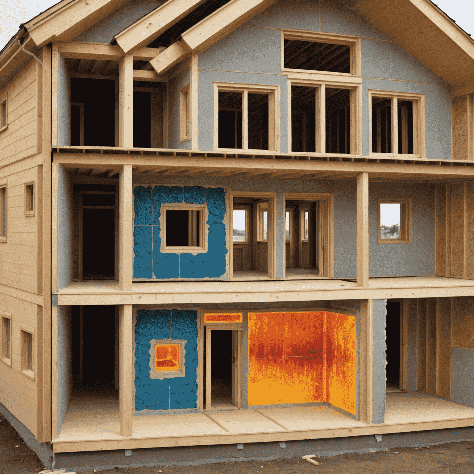 A cross-section of a Canadian home wall showing advanced insulation materials and techniques, with a thermal imaging overlay demonstrating improved heat retention